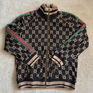 Gucci Black and Beige GG Monogram Bomber Jacket